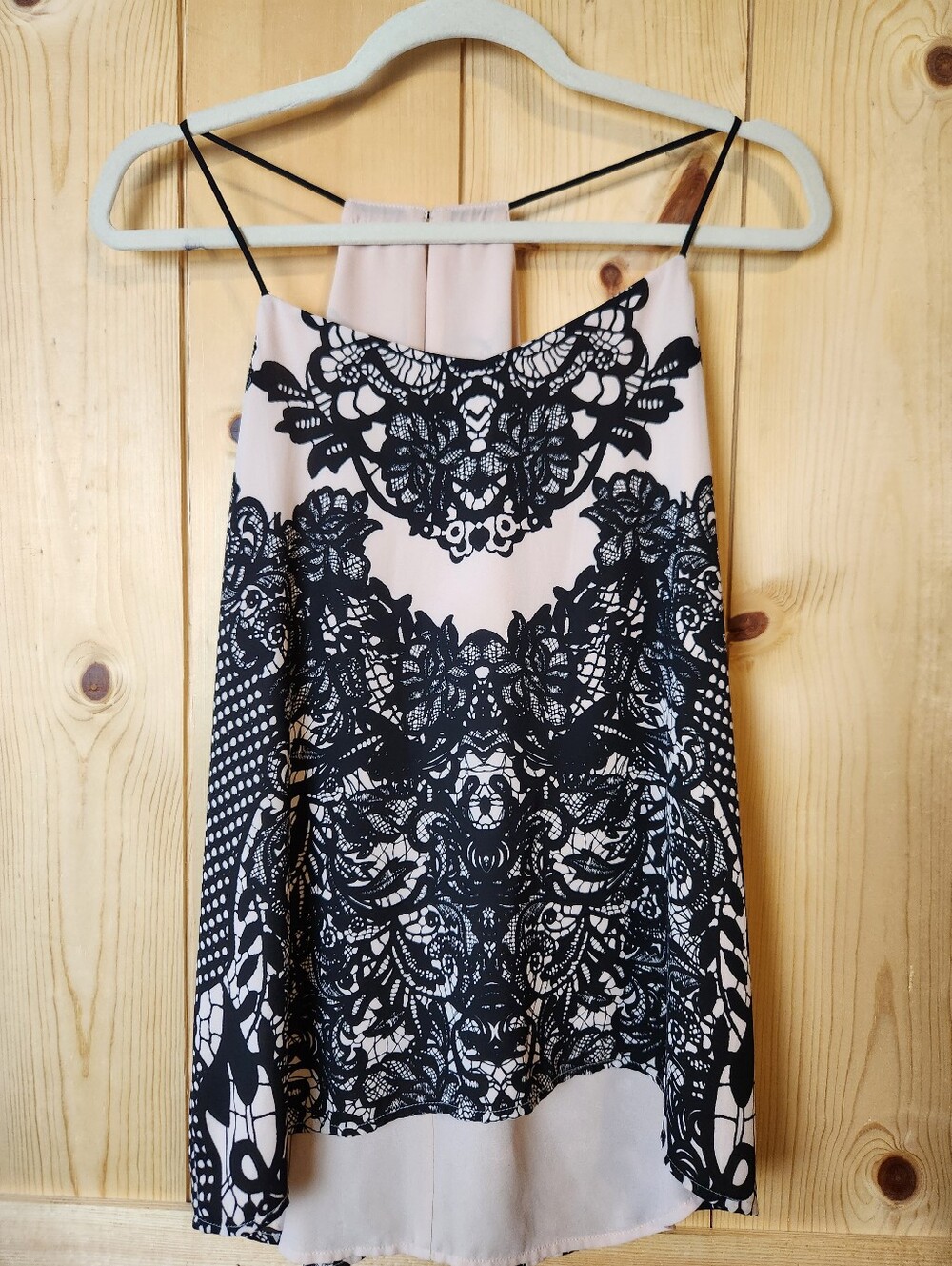 Express Barcelona Cream/Black Faux Lace Print Cami Top